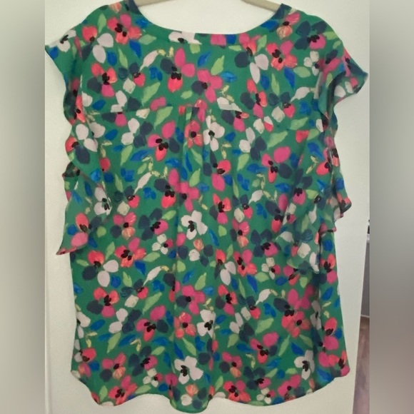 Zac & Rachel Blouse Women's 2X Green Pink Floral V-Neck Ruffle Sleeves Shirt Top - Picture 5 of 6